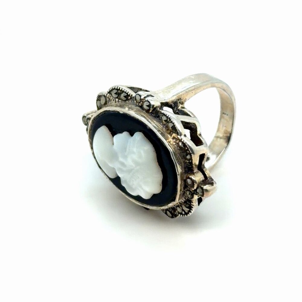 ❌Vintage Sterling Silver 925 Lady Cameo Marcasite Ring - Picture 3 of 8